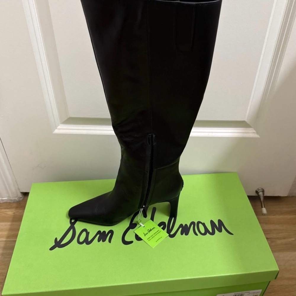 Sam Edelman Black Sylvia Knee High Pointed-Toe Stiletto Boots with Side Zipper